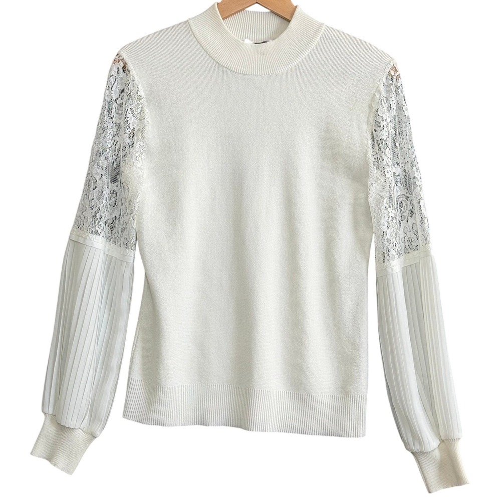Victorian Mock Neck Sweater Sz L Winter White Lace Pleated Sleeve Coquette Sheer